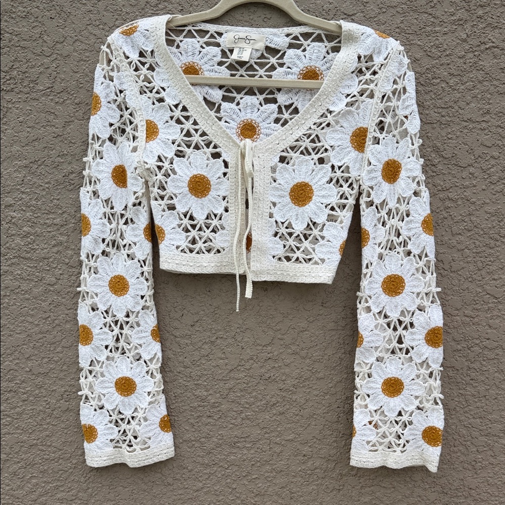 Jessica Simpson White Crochet Daisy Tie-Front Crop Sweater with Mustard Centers